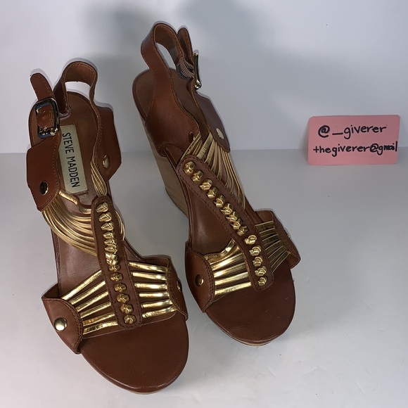 TUSCAAN 8.5 Steve Madden Cognac & Gold Wood Heel Wedge - Picture 3 of 16